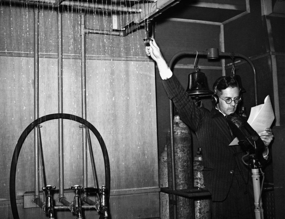 Jacob Rees-Mogg prepares his children's daily cold shower. A Foley artist creating the sound of rain.